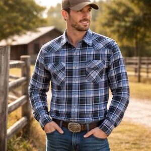 Roper Mens Large Western Plaid Pearl Snap Shirt Blue Cotton Rodeo Cowboy Ranch